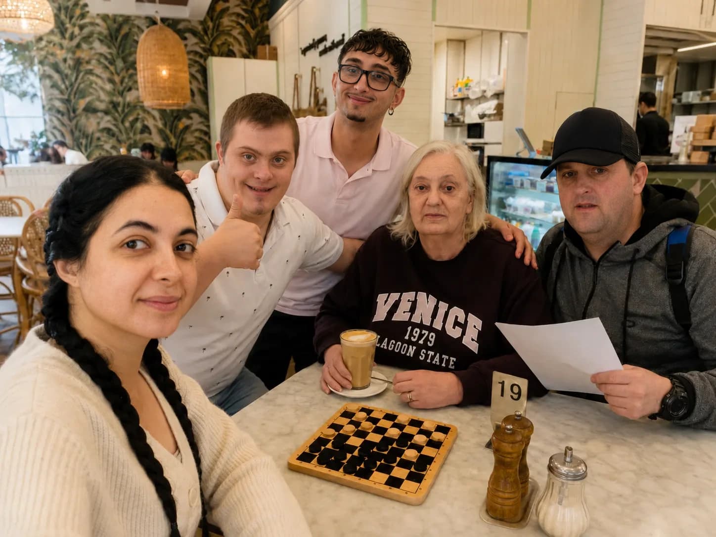 Participants and support team enjoying an inclusive group café activity